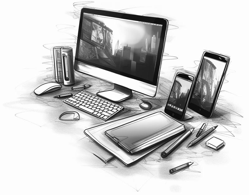 Schreibtisch mit Desktop, Tablet und Smartphone